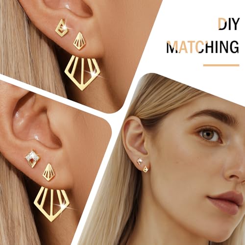 GEORGE · SMITH Geometric earring set for women, Star stud earrings set Suitable for multiple ear piercings 14K gold plated simple Rhombus earrings, front and back earrings for women(3 pairs)