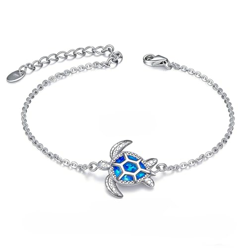 925 Sterling Silver Sea Turtle/Wave Anklet for Women, Blue Ocean Charm Ankle Bracelet, Adjustable Beach Foot Jewelry for Her Wife Mom Nana Christmas Birthday, 9"+2"