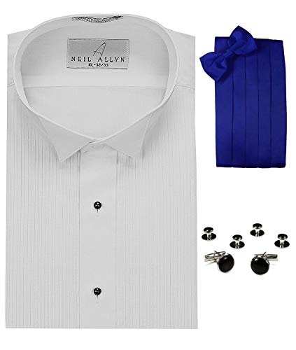 Wing Collar Tuxedo Shirt, Royal Blue Cummerbund, Bow-Tie, Cuff Links & Studs Set - size: S, Neck 14"-14.5", Sleeve length 36"-37"