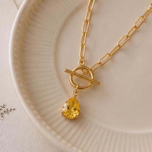 Teardrop CZ Pendant Paperclip Chain Necklace 18K Plated Paperclip Toggle Necklace Jewelry Birthstone Gift for Women - color: Citrine-November