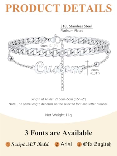 Custom4U Custom Name Anklet Bracelets for Women Waterproof Beaded/Figaro/Cuban/Rope/Wheat Chain Anklet Stackable Gold Plated Non Tarnish Custom Beach Gift Barefoot Summer Jewelry for Her - color: B02-Silver Cuban Chain