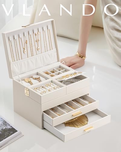 VLANDO Jewelry Box,4-Layer Design with Retractable Tray and 2 Drawers | Separate Necklaces,Rings,Bracelets,Earrings Organizer Areas,Watches Pillow,Birthday Gift,Vanity - color: A.Cloud White, size: 4-Layer