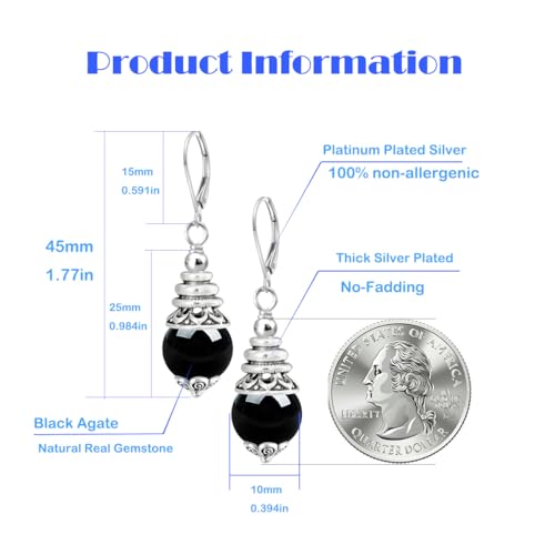 Natural 10mm Stone Beads Drop Earrings,Retro Silver Round Quartz Crystal Gemstone Beads Dangle Earrings for Women - color: A21_Black Agate