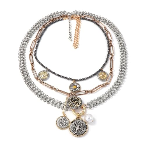 LUREME Vintage Triple-Layer Medal Coin Necklace Set, Gun Black & Gold & Silver Chains with Floral and Pearl Pendants, Heavy Layered Bohemian Jewelry for Women(nl006391)