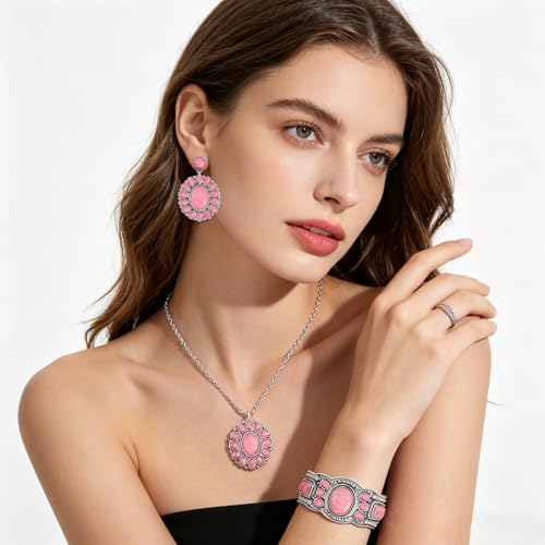 NEWITIN 4 Pieces Silver Bohemian Jewelry Set for Women Fashion Costume Jewels Turquoise Necklace Bracelet Earrings Western Turquoise Jewelry Set for Women - color: Pink Turquoise