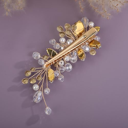 Teyglen Bridal Rhinestone Hair Clip Gold Pearl Crystal Hair Barrette Sparkly Hair Piece Wedding Hair Clips Hair Accessories Jewelry for Women (Gold) - color: Gold