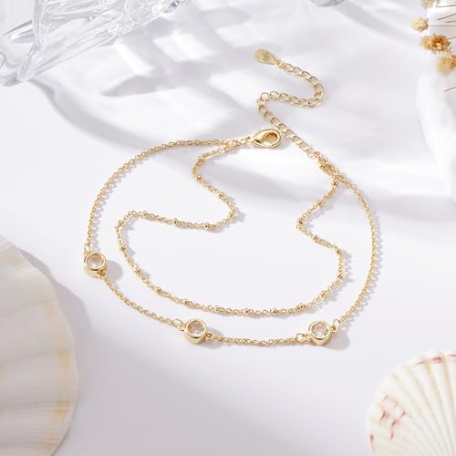 Anklets for Women Waterproof 14K Gold Plated Beach Ankle Bracelets Dainty Summer Bow Clover Heart Evil Eye Anklet Non Tarnish Layered Beach Cz Jewelry Accessories for Women Trendy - color: Gold-Round Cz