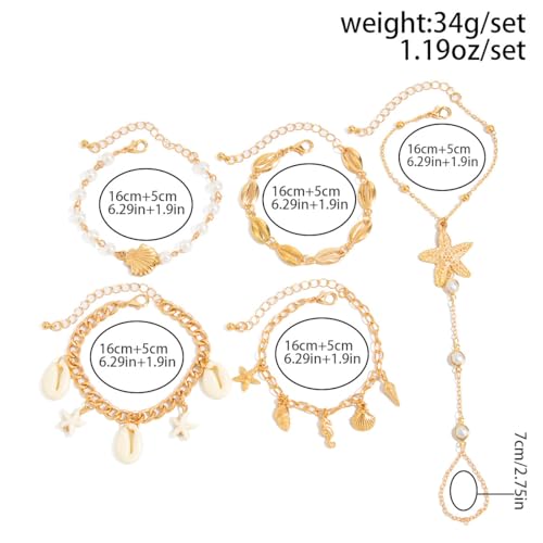 Beach Starfish Shell Pendant Hand Chain Layered Bracelet with Finger Ring for Women Gold-Plated Stackable Faux Pearls Beaded Chain Bracelets 5PCS Set Summer Trendy Jewelry Adjustable Vacation Gifts
