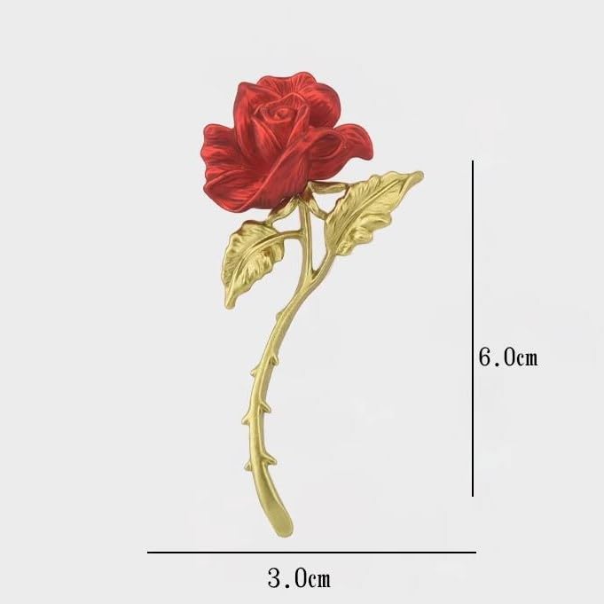 Rose Flower Brooch Pin for Women Fashion Dainty Gold Plated 3D Red Roses Floral Crystal Brooch Pin Birthday Dress Suit Accessories Jewelry - style: Long Rose