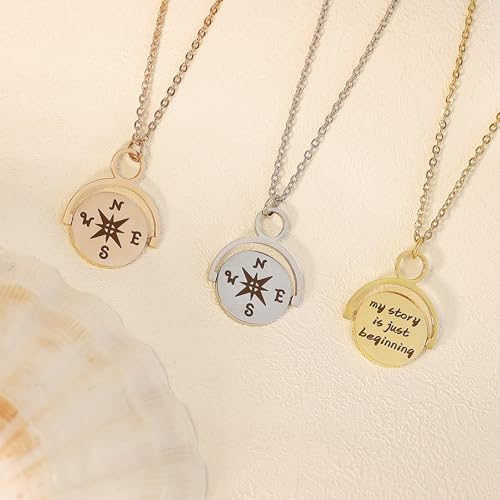 Gold Compass Charm Necklace for Women, Trendy Simple Dainty Inspirational Compass Butterfly Bow Knot Red Christmas Mug Sun Friendship Necklaces Graduation Gifts - style: Compass-B