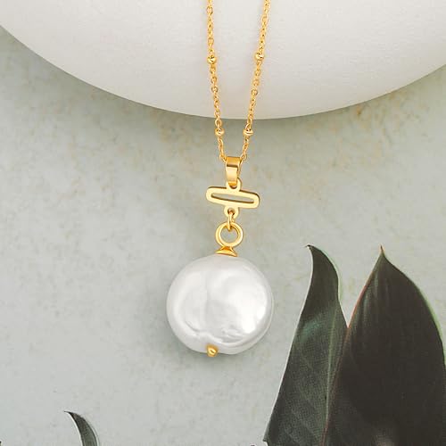 Aobei Pearl 18K Gold Plated Pendant Necklace for Women Dainty Gold Chain Choker Love Heart Disc Coin Pearl Cross Toggle Jewelry - style: Coin Pearl