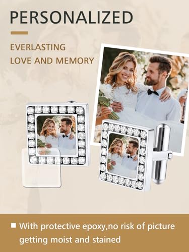 FindChic Stainless Steel Round Cufflinks with Custom Text/Picture/Monogram Letters 18K Gold Plated/Black Color for Men Groom Suits Shirts, with Gift Box - style: 02. CZ custom photo-square (stainless steel)