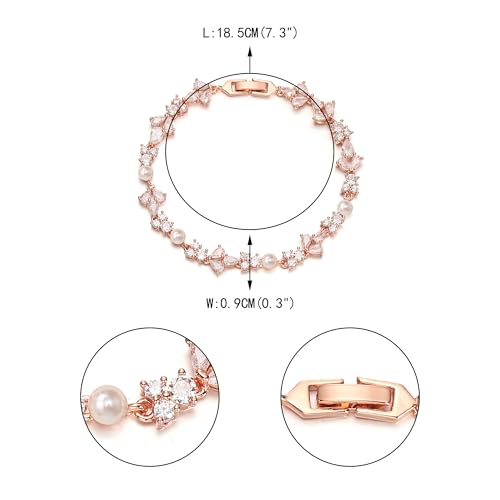 EVER FAITH Cubic Zirconia Pearl Bridal Prom Tennis Bracelet for Women | Elegant Pear CZ Wedding Jewelry Gift, for Bride Bridesmaid - style: Floral_Rose Gold-Plated-Brass