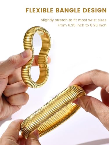 KeyStyle Bangle Bracelets For Women, Stainless Steel Stretch Bracelet Wide | 14K Gold/Rose Gold/Black/Silver Plated Flexible Wide Twisted Link Chain Wristband Jewelry, 10Mm, 16Mm, 20Mm - color: 20mm - Gold