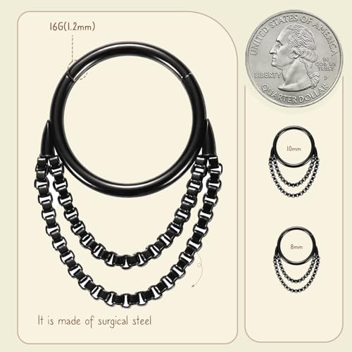 AROWRO Chain Septum Rings 316L Surgical Steel Septum Clicker Daith Piercing Jewelry Dangle Nose Rings for Women 16G 8/10mm Conch Cartilage Hoop Seamless Hinged Septum Jewelry with Clear CZ/Opal - color: Style-4-Black double chains, size: 16G-8mm