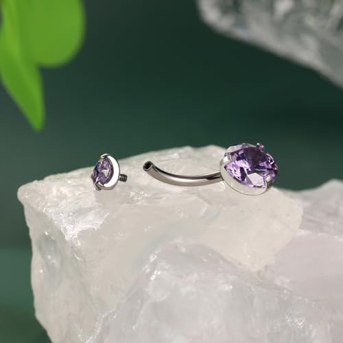 FUNLMO 14G Belly Button Ring Titanium Belly Button Piercing Belly Ring Internally Threaded Navel Piercing Jewelry - color: Silver-Purple CZ