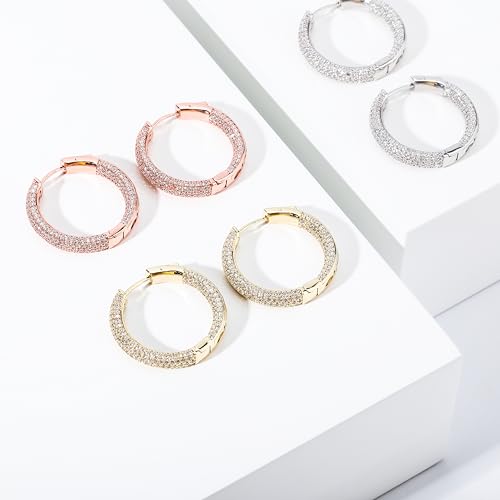 Iced Out Hoop Earrings Cubic Zirconia Huggie Cartilage Cuff Hypoallergenic 14K Gold Plated Luxury Fashion Round Circle Earrings For Men Women - color: 03 Silver