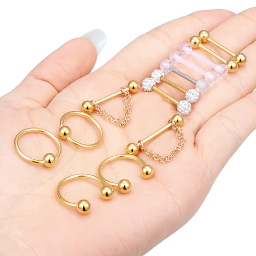 Hoeudjo 14Pcs 14G Surgical Steel Chain Dangle Nipple Rings Barbell Piercing Jewelry Retainer for Women - color: 7 Pairs/14G/Gold-tone