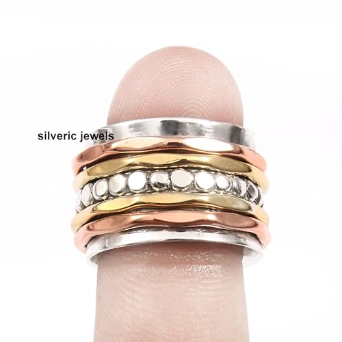 Solid 925 Sterling Silver Hammered Band Spinner Ring For Women Handmade Three Tone Fidget Anxiety Meditation Women Ring - size: 8