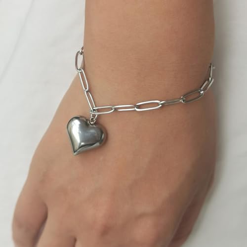 Stainless Steel Puffy Heart Charms Paperclip Chain Bracelet | Paper Clip,for Women,Love - color: Silver Color