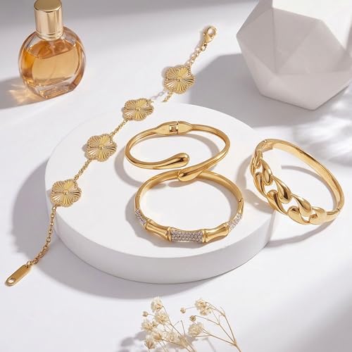 Stackable Gold Bracelets for Women - 4 Sets, 18K Gold Plated Bracelets, Stainless Steel Bangle Bracelets Non-Tarnish, Stylish Gold Jewelry Ensemble, Valentine's Day, Birthday and Christmas Jewelry Gifts - color: A5-(Gold 4Sets)