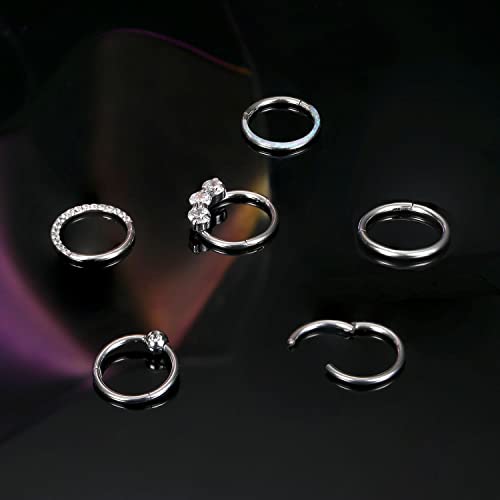 Jstyle 6Pcs 16G 18G Septum Rings Surgical Steel Nose Rings Hoop for Women Opal CZ Daith Cartilage Hoop Earring Clicker Septum Jewelry Hinged Hoop Nose Ring Lip Helix Rook Tragus Piercing Jewelry - color: Silver