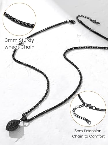 GOLDCHIC JEWELRY Sport Necklaces for Men Teen, Football Baseball Soccer Basketball Softball Necklaces with Stainless Steel Chain Athlete Jewelry Sports Fan Gift - color: American Football Pendant-Black, style: Personalised Engraving