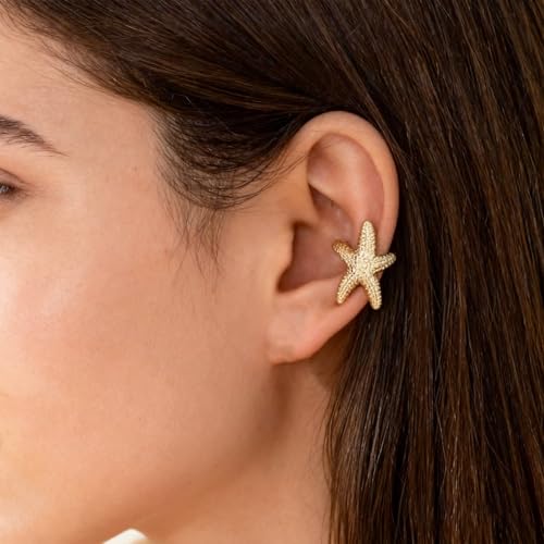 Starfish Ear Cuff, Gold Plated Non Ear Clip, Single Wrap Earring for Beach Ocean Theme