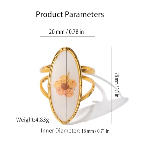 Hebelee Handmade Dried Flower Statement Ring for Women | Gold-Toned Stainless Steel,Adjustable,Pressed Blossom Forget-Me-Not Flowers Open Band Rings,Wedding Holiday Jewelry - color: Oval