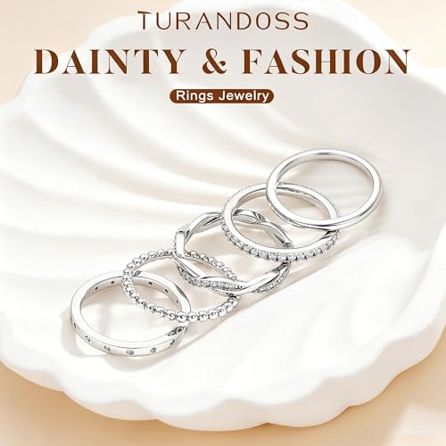 Turandoss Gold Stackable Rings Set for Women Non Tarnish | 14K Gold Plated, Trendy CZ Stackable Engagement Rings Stack, Thin Thumb Wedding Bands Ring Set, Size 6 7 8 9, 5PCS - color: Silver-Plated