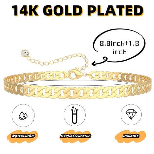 Ankle Bracelets for Women Waterproof 14K Gold/Silver Plated Chain Anklets | Trendy Gold Anklets,Layered 14K Gold Plated Stackable Chunky Cuban Link Chain Anklet Bracelet Set,Summer Beach Jewelry Gift - color: 1 cuban-gd