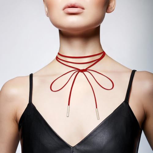 Red Choker Necklace Gothic Bow knot Choker for Women Velvet Long Wrap Rope Collar Tie Neck Chain with Gold Tube Ribbon Suede Jewelry for Party Prom