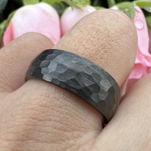 TUTISS 6mm 8mm Silver/Black/Gold/Rose Gold Hammered Tungsten Rings for Men Women Couple Fashion Jewelry Engagement Wedding Bands Domed Matte Finish Comfort Fit - color: 8mm Black I Love You Engraved