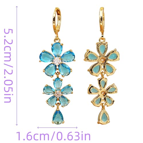 18K Gold Plated Flower Dangle Earrings for Women, Hypoallergenic Cubic Zirconia Earrings, Elegant CZ Drop Earrings, Statement Jewelry Gifts Party Fashion - style: Flower-Blue