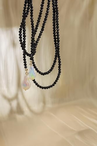 Green Beaded Lariat Necklace with Baroque Pearl Drops – Adjustable Wrap Y Style Jewelry, Beach and Bohemian Outfit Accessory for Women - color: Black