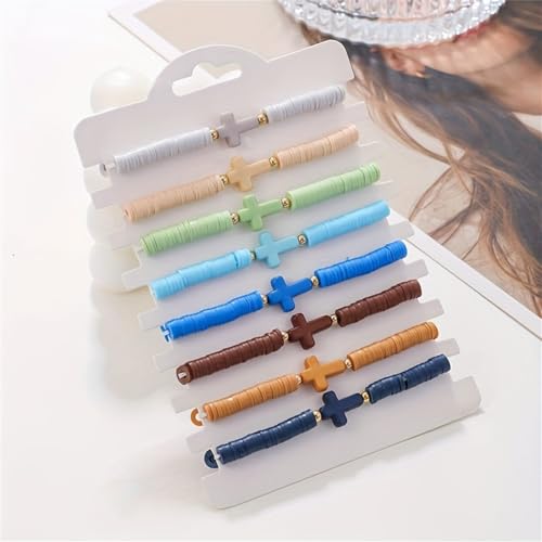 Friendship Bracelets for Women - Heishi Surfer Colorful Smile Evil Eye Clay Beaded Stretch Bracelets Elastic Layering - Stackable Boho Disc Y2K Aesthetic Summer Jewelry Set. - color: C-cross Rainbow 8pc - Cool