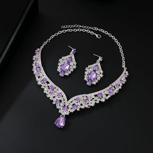 Tiaras and Crowns for Women,Tiaras Earrings Necklace, Crystal Bridal Jewelry Set - color: Purple