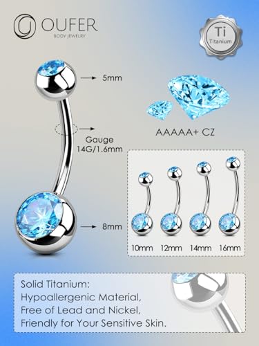 OUFER Titanium Belly Button Rings, Internally Threaded Belly Ring, Round CZ Navel Rings for Women Men - color: Blue, size: 1.6*10MM