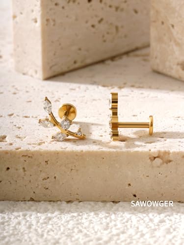 16G Titanium Flat Back Earrings for Women Conch/Helix/Foward Helix/Tragus/Hypoallergenic Piercing Jewelry Internal Thread Cartilage Stud Gold Silver CZ Branch Earrings - color: Gold-For Wearer Right Ear