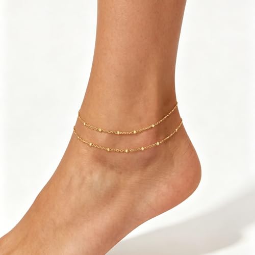 PICNHUAN Gold/Silver Ankle Bracelets for Women 14K Gold Plated Women's Anklets Silver Cuban Chain Anklet Waterproof Stainless Steel Anklet Summer Beach Foot Chain Jewelry Gifts for Women - color: Gold/Two-layer