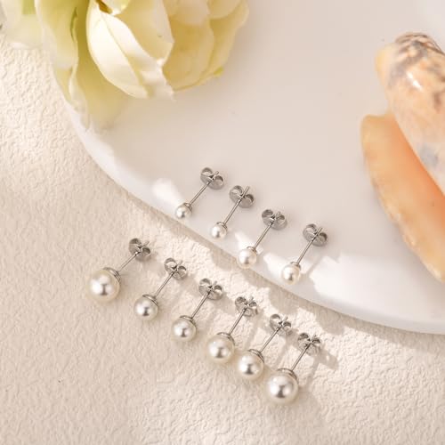 JINERA 5 Pairs Stud Earrings for Women 14K Plated Gold/Silver Pearl Ball Small Stud Earrings Set Cartilage Piercing Hypoallergenic Lightweight Flatback Earrings Jewelry Gifts for Women - color: 5 Pairs Pearl Earrings - Silver