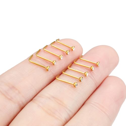 Hoeudjo Nose Studs Surgical Steel Cubic Zirconia Nose Rings Kit for Women Men Tiny Nose Stud Bone & Screw & L Shaped Nostril Piercing Jewelry 18/20/22/24 Gauge 10 Pieces - color: gold-tone,L-shaped nose studs, size: 22g/2mm clear CZ