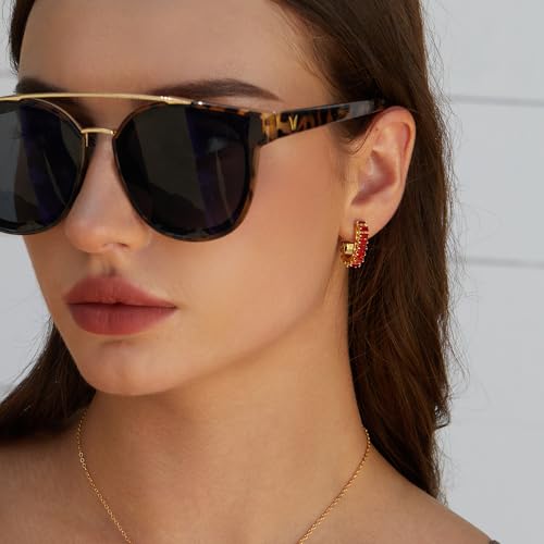 Green Crystal huggie gold hoop earrings for women Girls,14K Gold Plated with 925 Sterling Silver Post color Cubic Zirconia dainty cute Earrings| CZ Stud Earring - color: Red stone