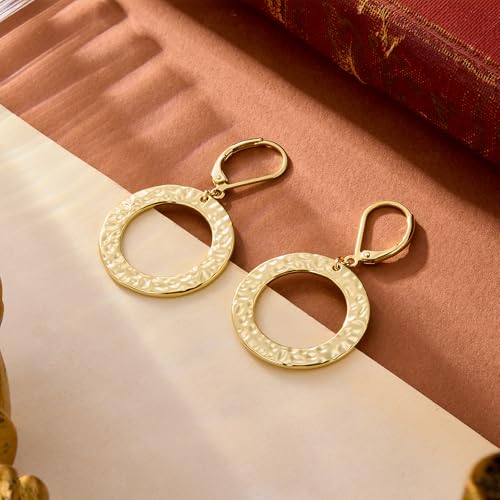 ALEXCRAFT Gold Hammered Double Circle Leverback Dangle Earrings | Hypoallergenic, Drop Handmade, Hammered Round, Minimalist Boho - color: C-14k Gold