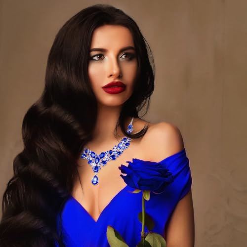 Hicarer Bridal Teardrop Cluster Crystal Jewelry Set for Women Necklace Earrings Wedding - color: Royal Blue