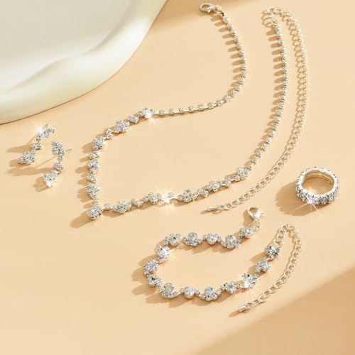 Wedding Jewelry Sets for Brides Rhinestone Necklace and Earring Set Bracelet Ring Gold Silver Prom Jewelry Sets Diamond Flower Teardrop Necklace for Women - color: Style1-Silver-4pcs