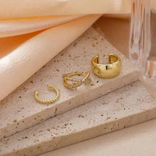 OOOPEL 3 Pairs 14K Gold Plated Ear Cuffs Non Piercing Lightweight Stackable Chunky Earring Cuff for Women Adjustable Non-Fading Fake Earrings Suitable for Christmas Gift - style: Cross CZ
