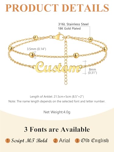Custom4U Custom Name Anklet Bracelets for Women Waterproof Beaded/Figaro/Cuban/Rope/Wheat Chain Anklet Stackable Gold Plated Non Tarnish Custom Beach Gift Barefoot Summer Jewelry for Her - color: A01-Gold Beaded Chain