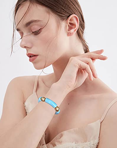 LALAPPLE Gold Plated Beaded Acrylic Bamboo Tube Bangle Bracelets for Women, Colorful Chunky Curved Tube With Gold Plated Pieces Beads Stretch Bracelet Friendship Summer Beach Jewelry - color: C-Sky Blue