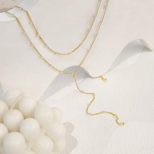 HAXIYA Gold Pearl Y-Shaped Necklace for Women Layered Lariat Long Pendant | 14K Gold Plated/Sterling Silver Dainty Drop Chain Layered Pearl/Beaded Necklaces Simple Gold Jewelry for Women - color: Pearl - Gold